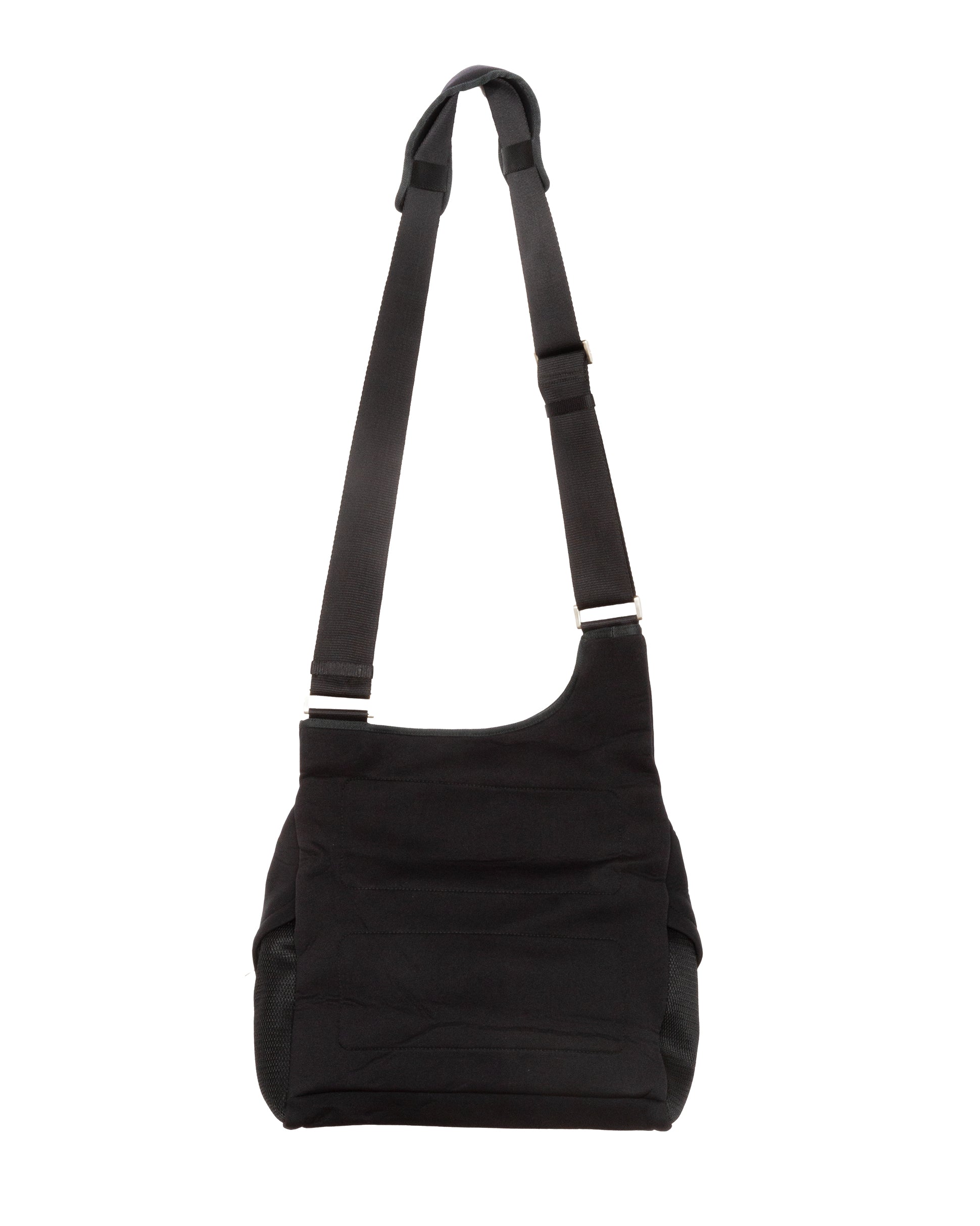 Black shoulder bag with strap on white background