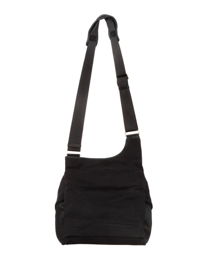 Black shoulder bag with strap on white background