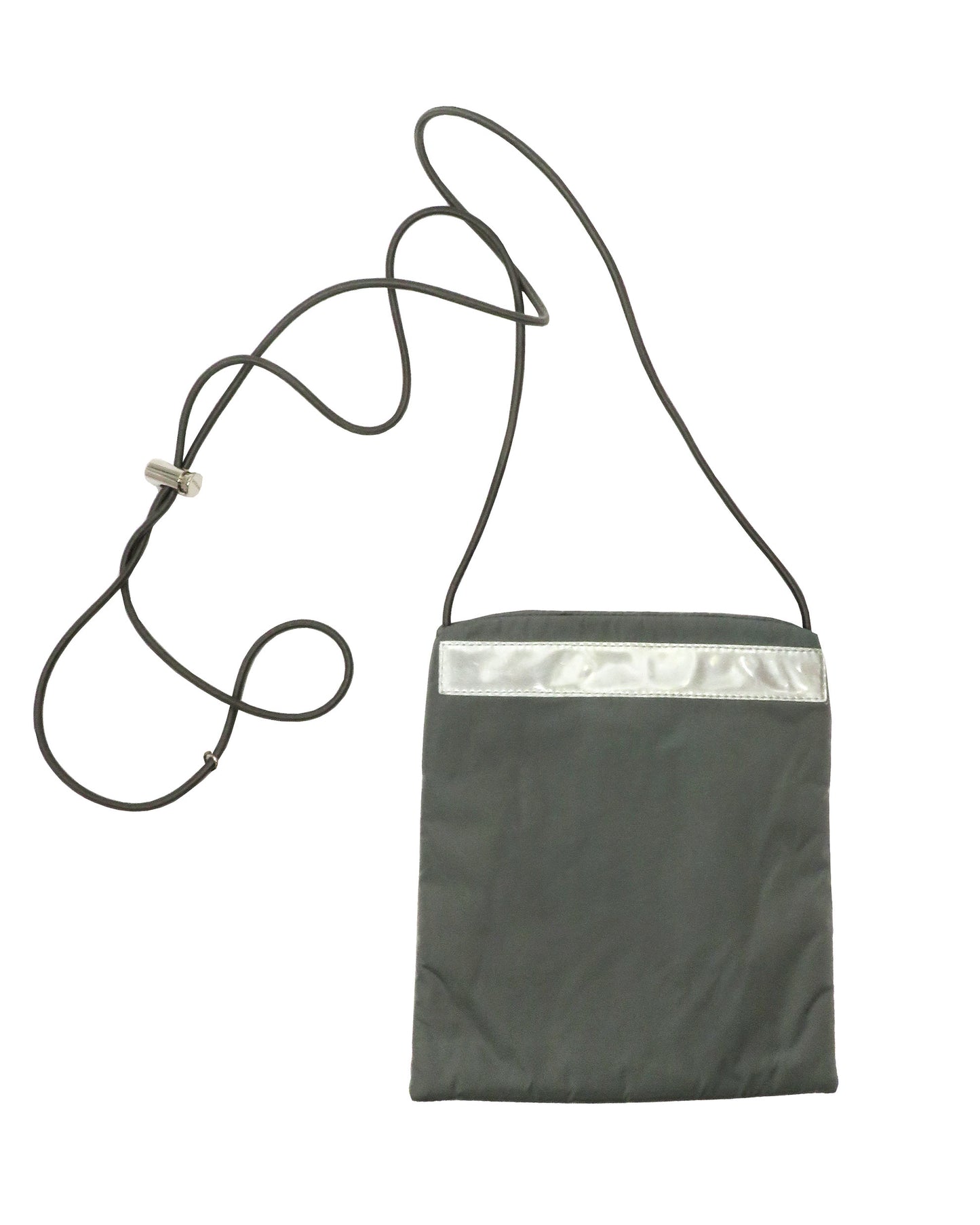 Gray crossbody bag with a reflective strip on a white background