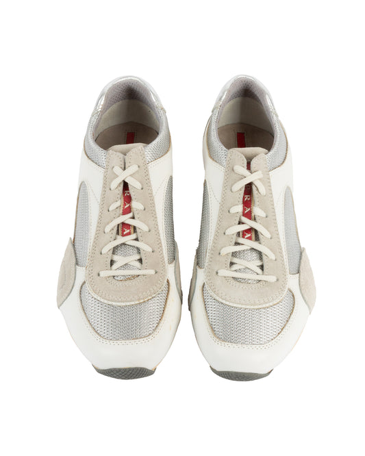 Prada White and Silver Sneakers - US7.5 - vothe archive - curated designer vintage

