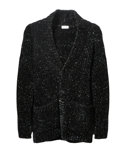 Black textured blazer on a white background. Saint Laurent Black V-neck Cardigan - vothe archive - curated designer vintage 