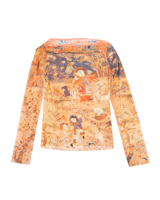 Vivienne Tam Orange Ancient Chinese Painting Print Mesh Top - vothe archive - curated designer vintage
