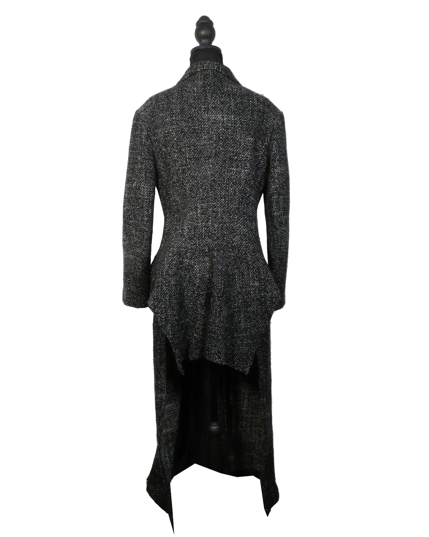 Black textured coat on a mannequin against a white background