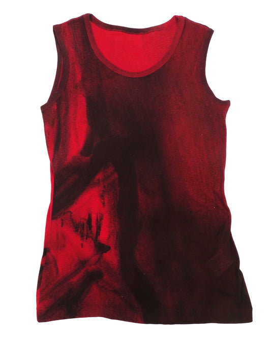 Red tank top with black abstract design on a white background