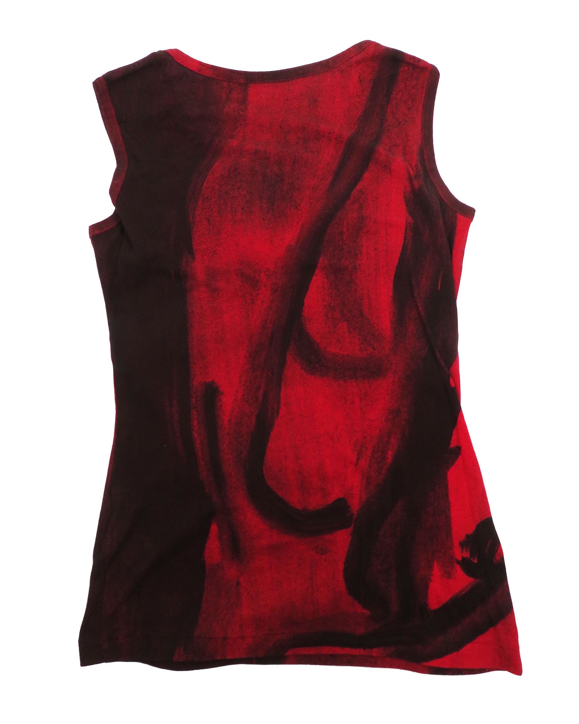 Red tank top with black design on a white background