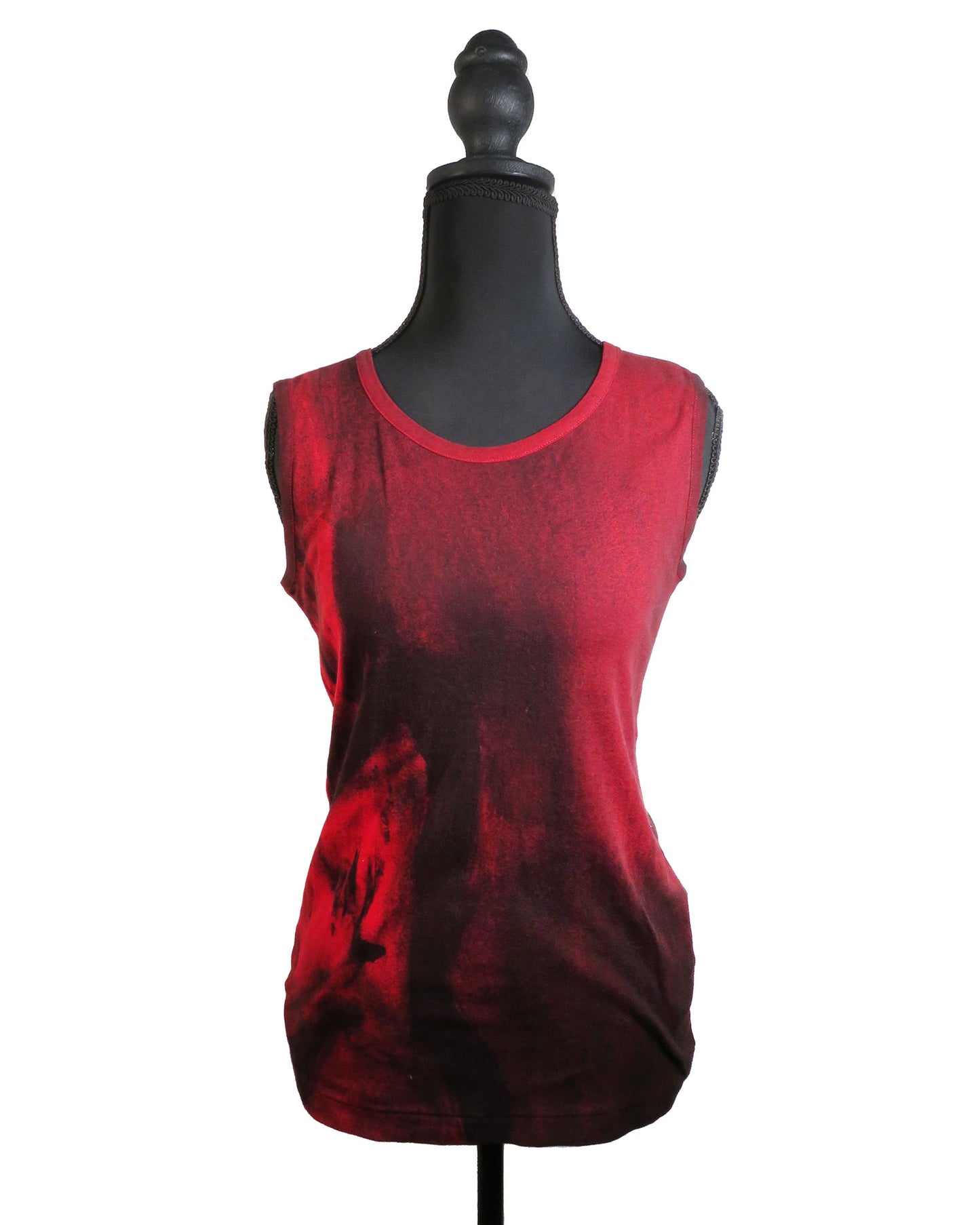 Red tank top on a mannequin against a white background