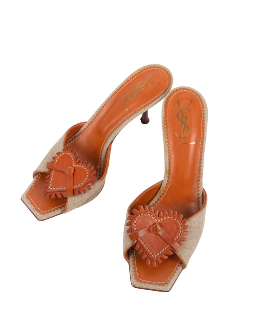 Yves Saint Laurent Beige Heart Appliqué Mules - vothe archive - curated designer vintage
