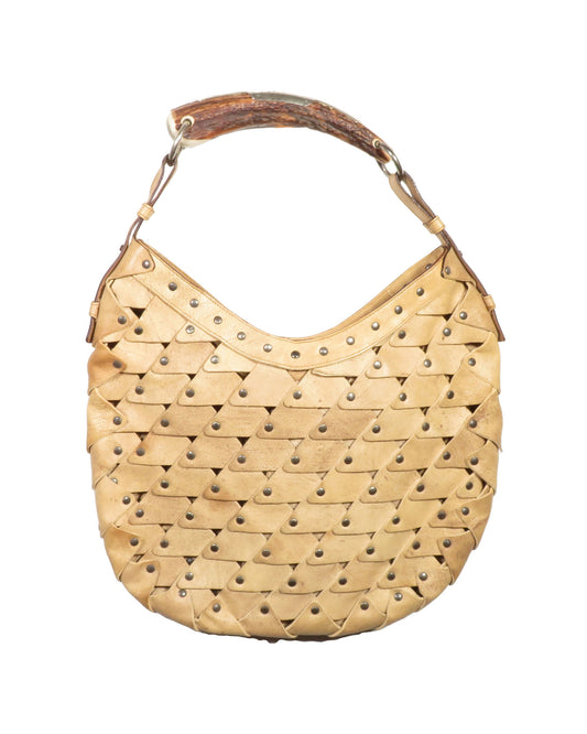 Yves Saint Laurent Beige Studded Mombasa Bag with Horn Handle - vothe archive - curated designer vintage