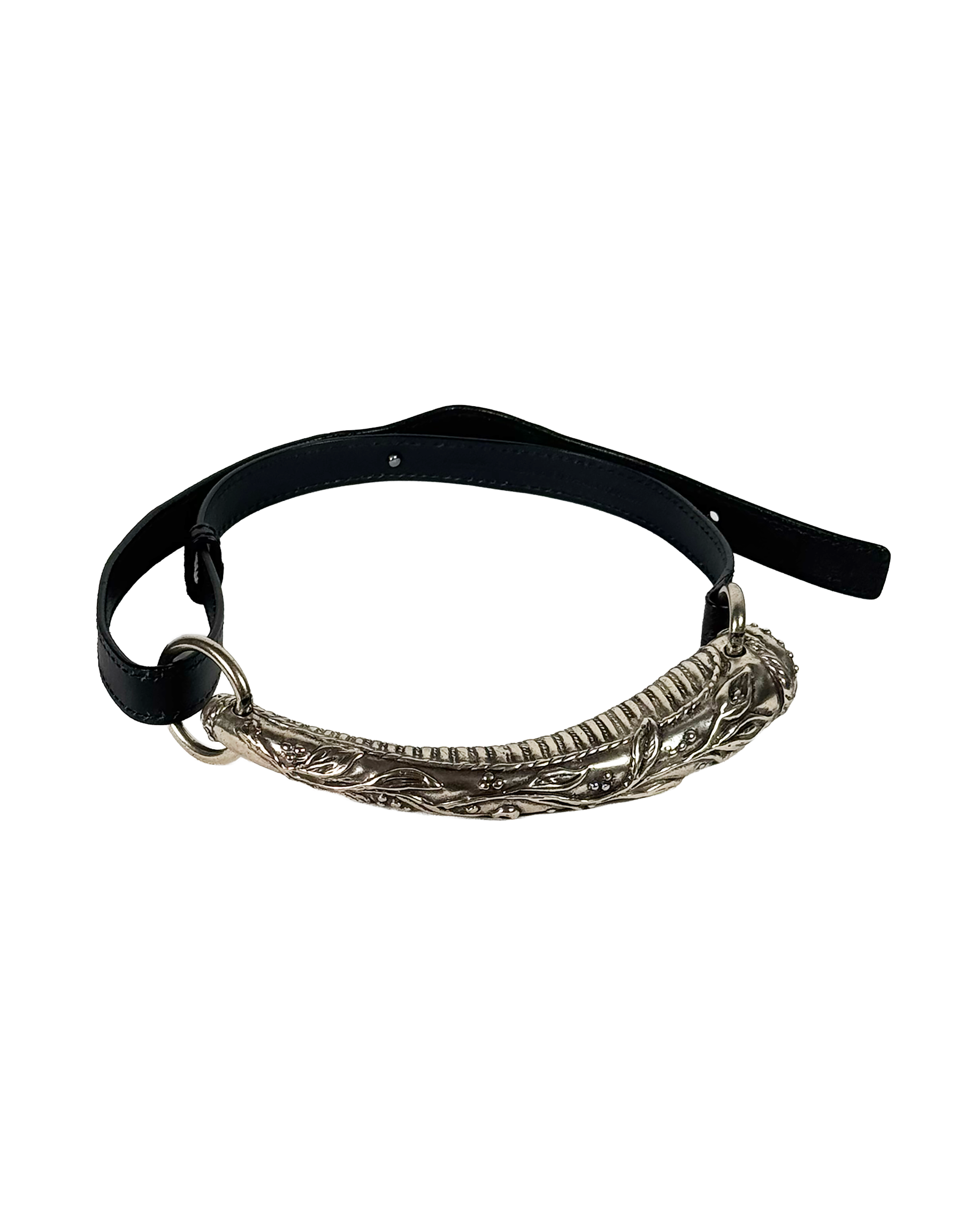 Black leather belt with a silver metal buckle on a white background