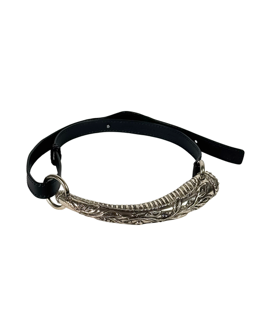 Black leather belt with a silver metal buckle on a white background