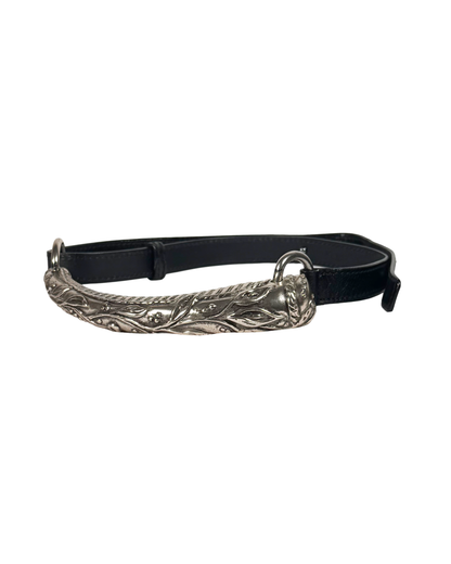 Black belt with silver ornate buckle on a white background