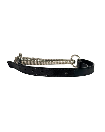 Black leather belt with metal buckle on a white background