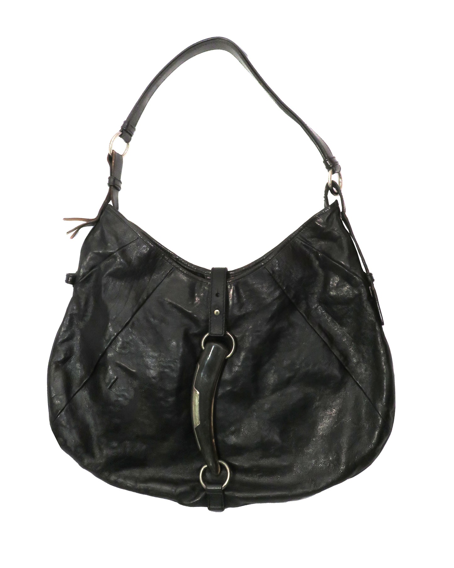 Black leather handbag on a white background