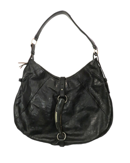 Black leather handbag on a white background