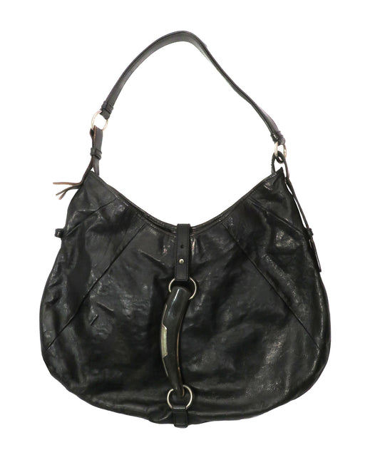 Black leather handbag on a white background