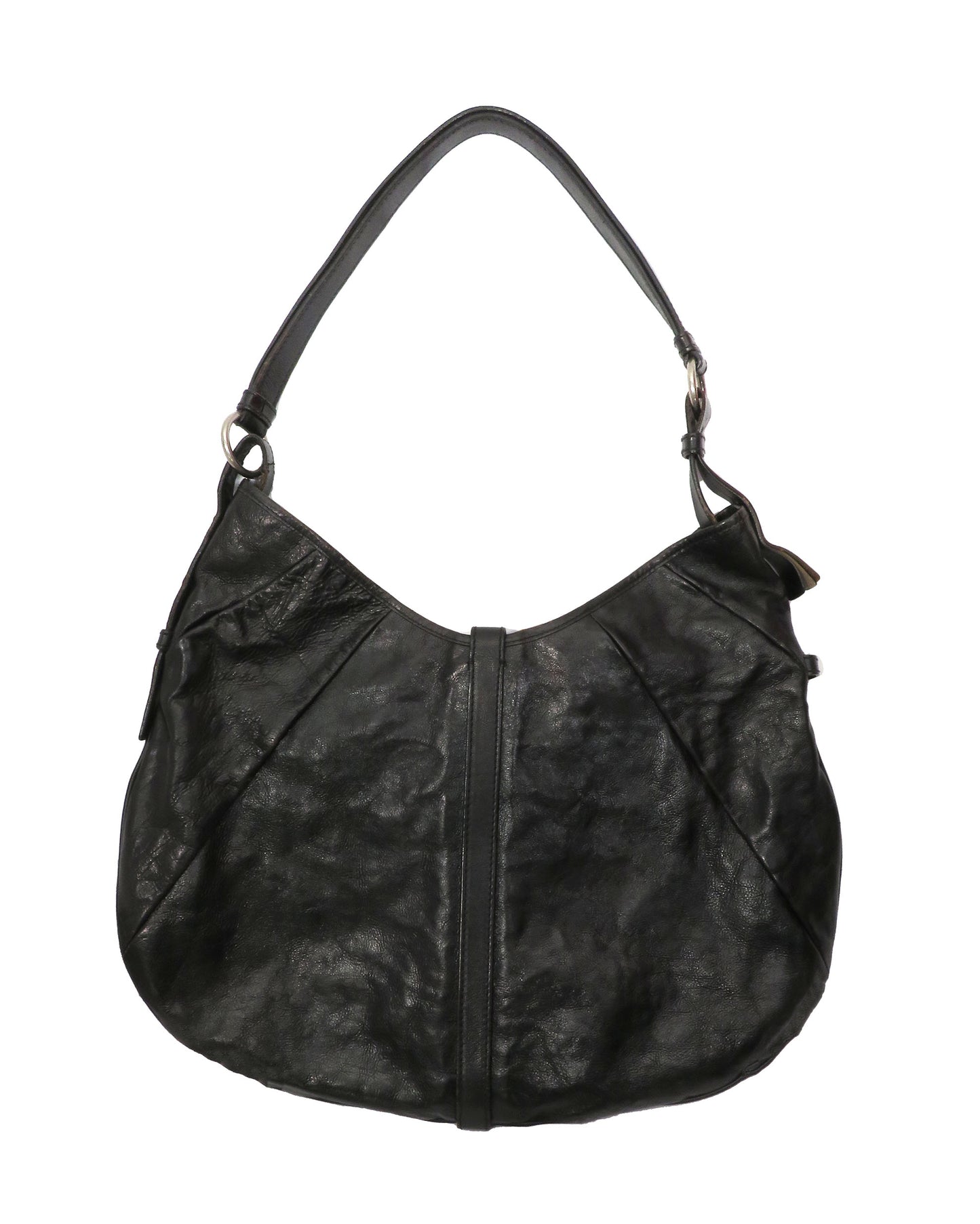 Black leather handbag on a white background