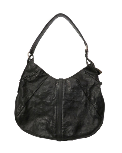 Black leather handbag on a white background