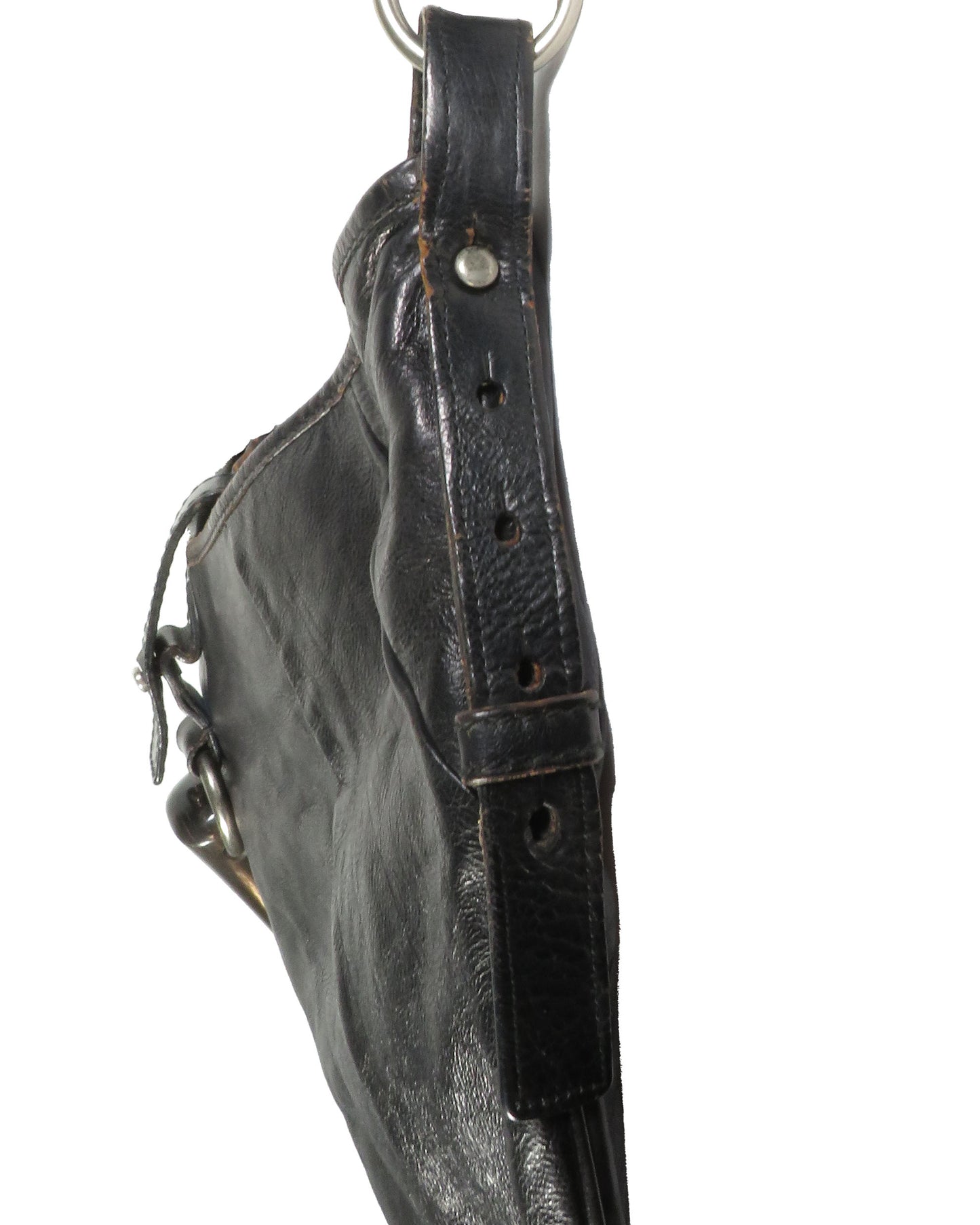 Black leather bag with a strap on a white background
