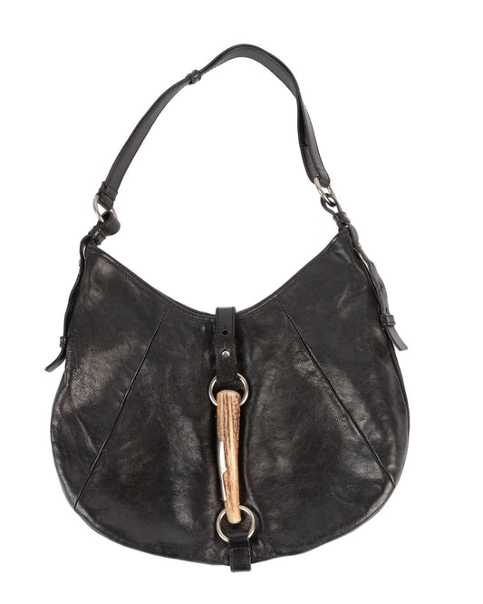 Black leather shoulder bag with a horn handle and metal detailing, an adjustable shoulder strap, and magnetic snap closure.