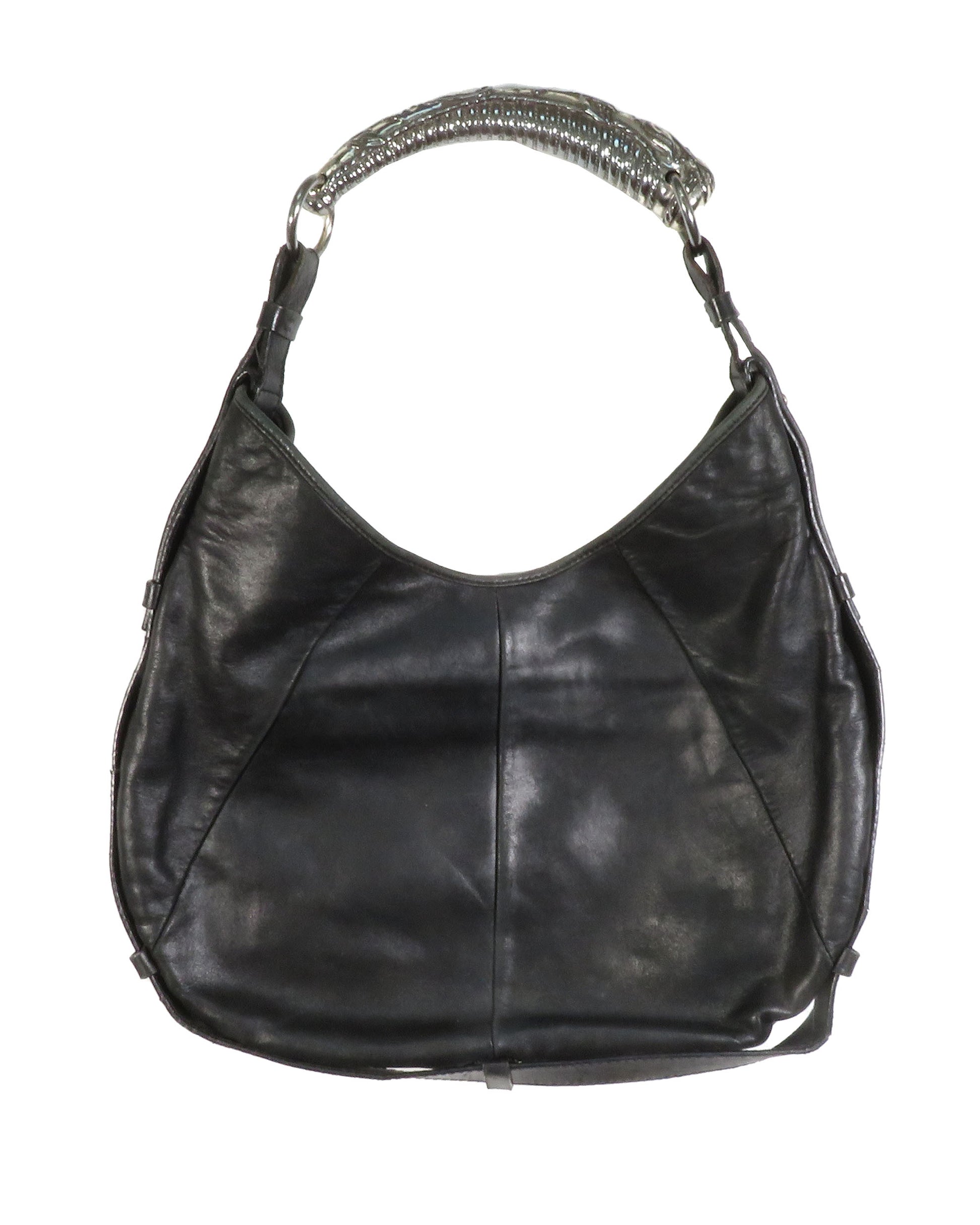 Black leather handbag with chain handle on a white background
