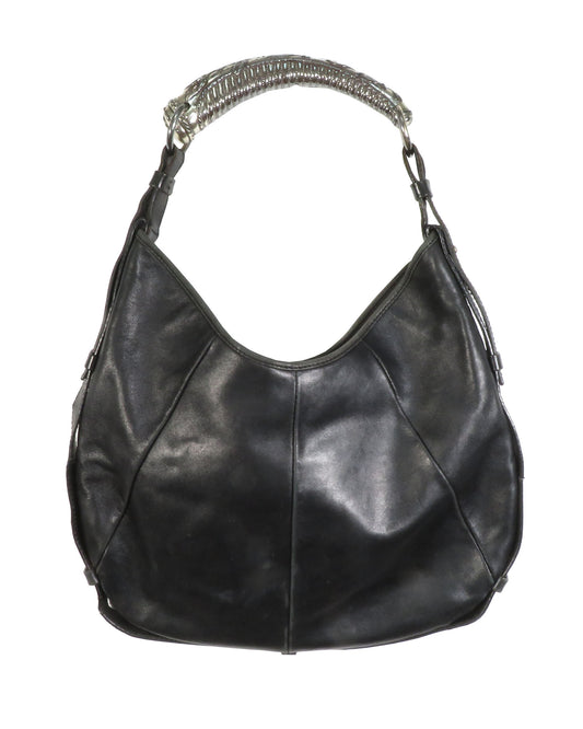 Black leather handbag with silver chain handle on a white background