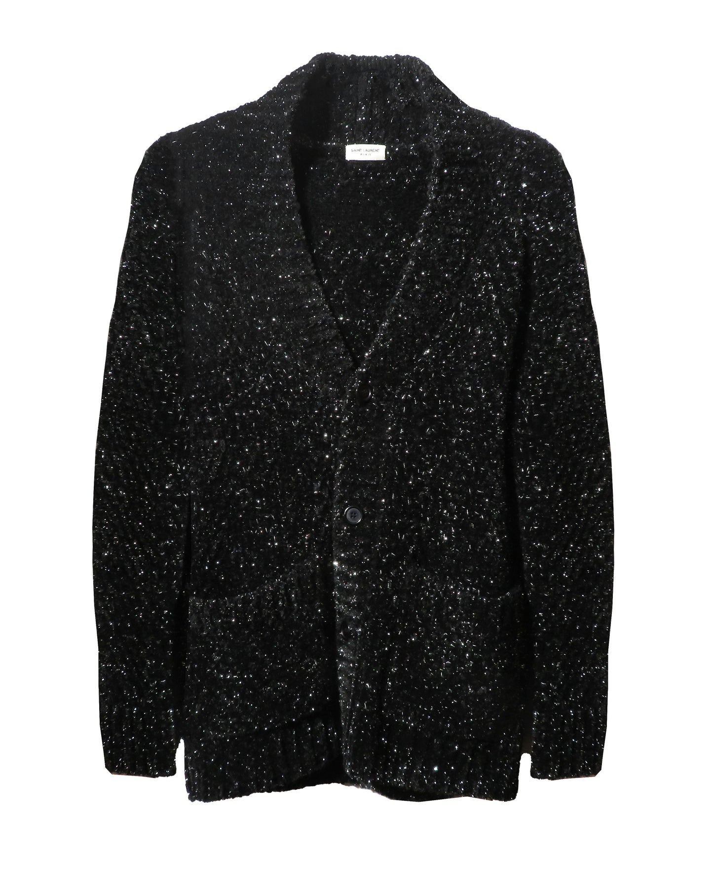 Black textured blazer on a white background. Yves Saint Laurent Black V-neck Cardigan - vothe archive - curated designer vintage 