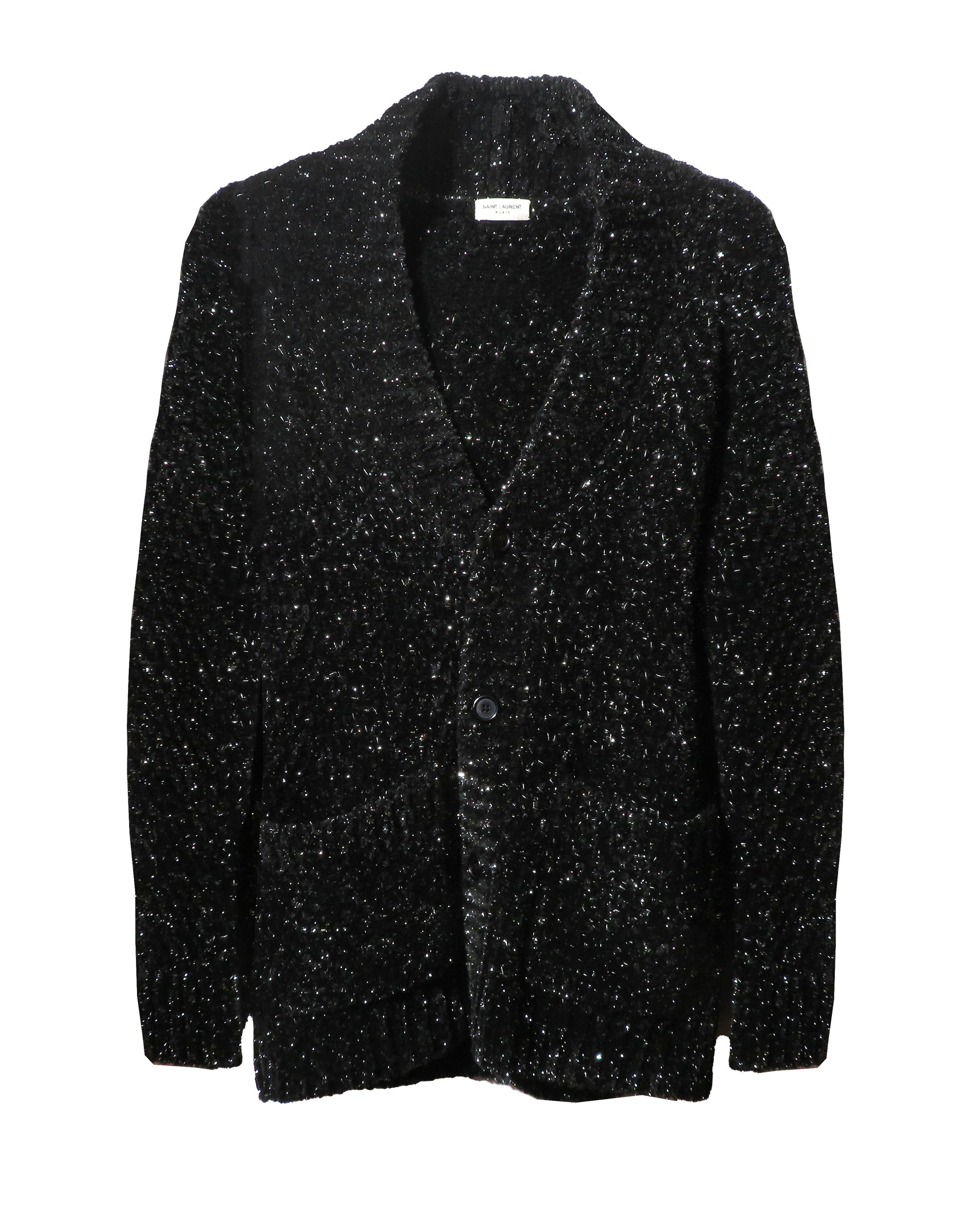 Black textured blazer on a white background. Yves Saint Laurent Black V-neck Cardigan - vothe archive - curated designer vintage 