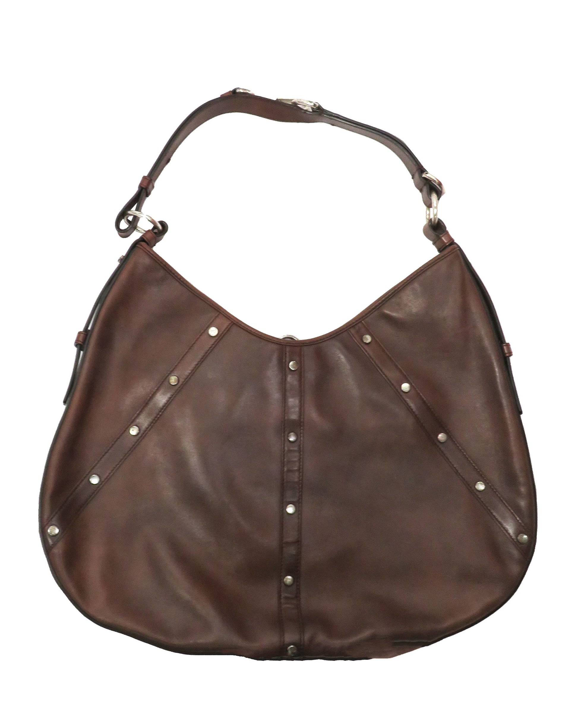 Brown leather handbag with stud details on a white background