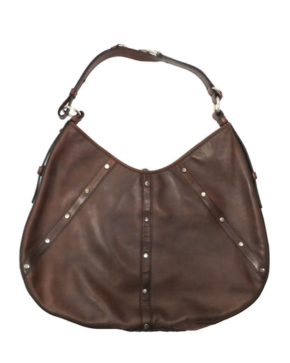 Brown leather handbag with stud details on a white background