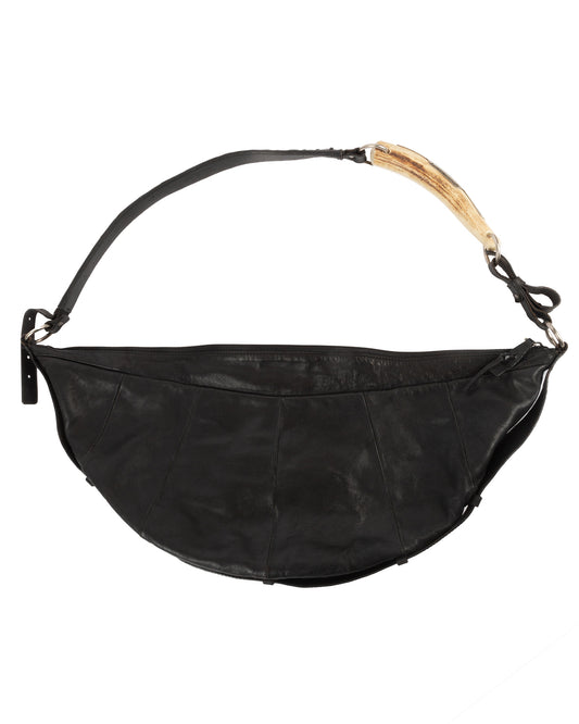 Black leather waist bag with a wooden handle on a white background